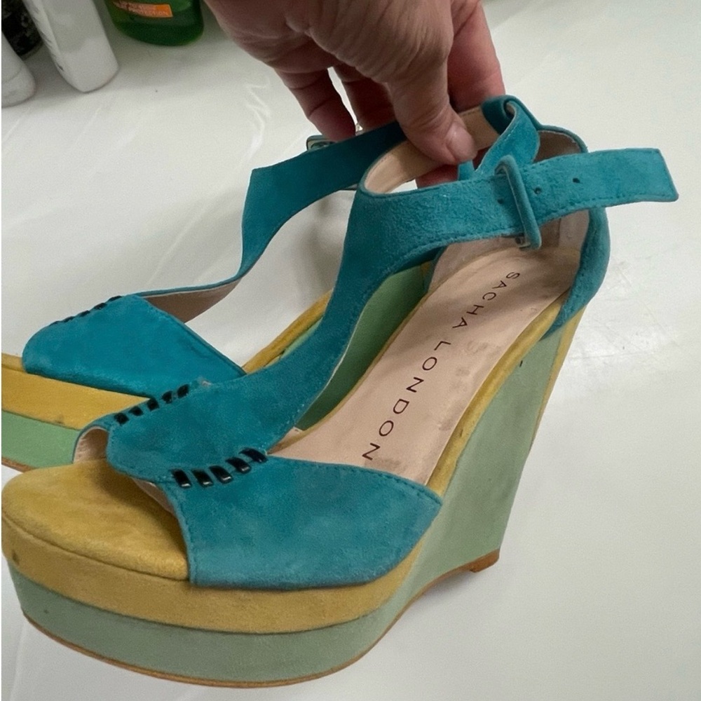 Lovely used Unique Sacha London Teal, Yellow, Green Wedge Sandals